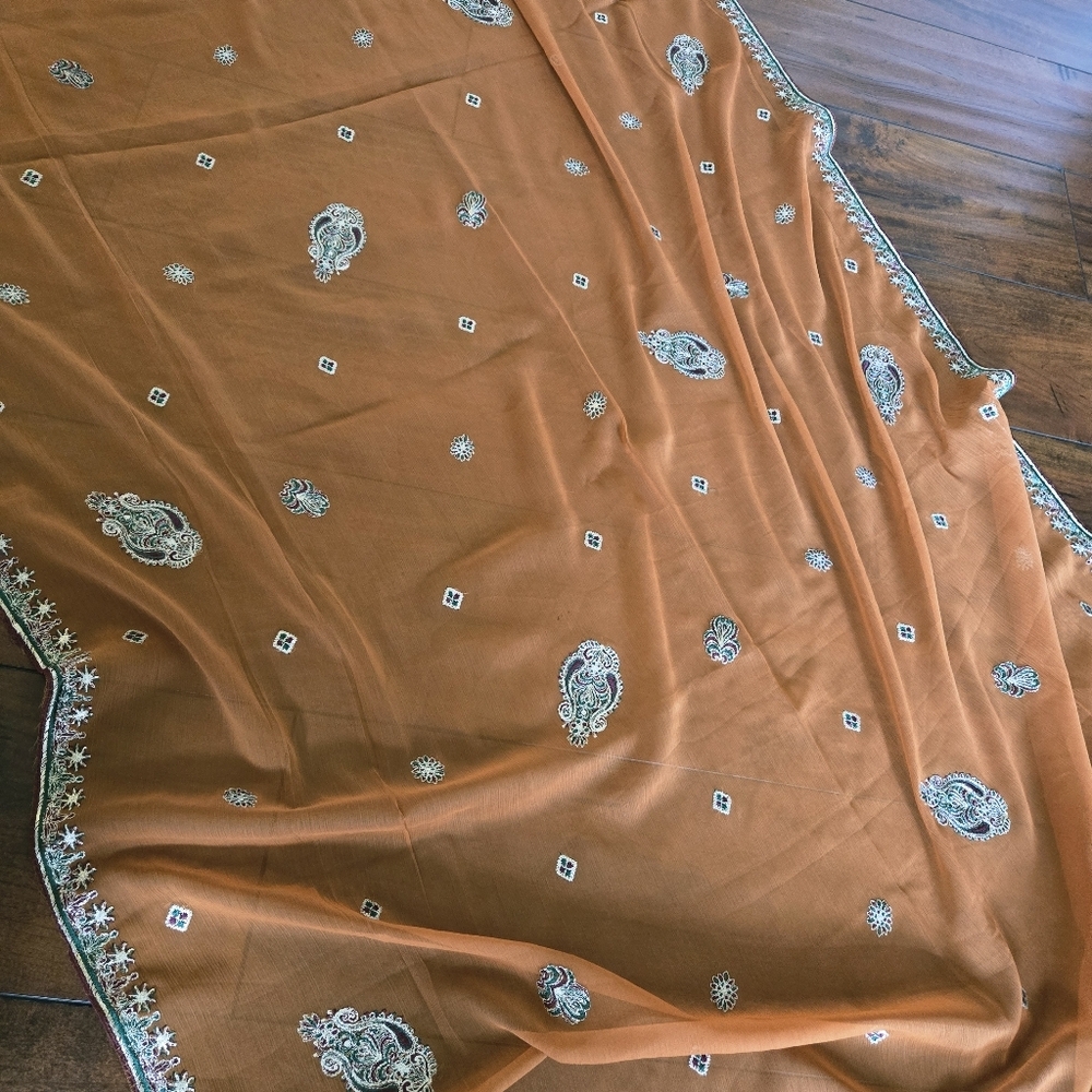 Embroidered Salwar Kameez Dupatta Long Scarf Cotton Silk Brown Party Wear Dress - Picture 13 of 13